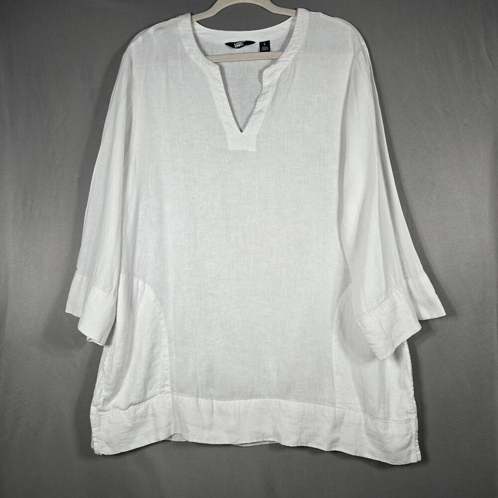 Lands' End Tunic Top Womens Large White Linen Blend 3/4 Sleeve‎ V Neck Relaxed